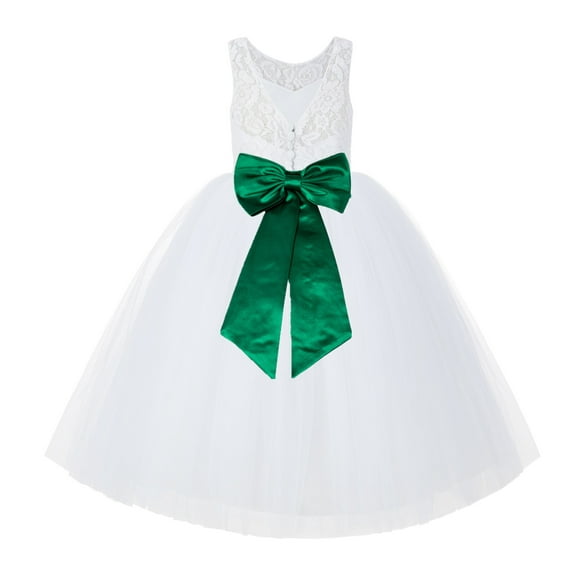Ekidsbridal Girl Bridal Flower Girl Dress - V-Back White Lace Tutu with Tiebow 212noFT-A (Size: 2-10)