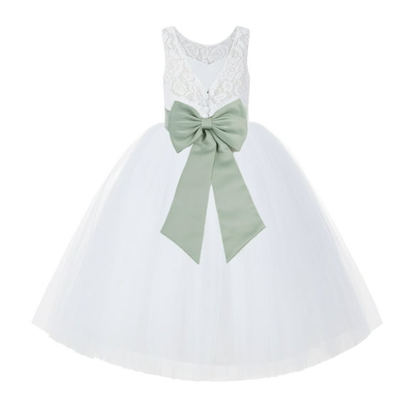 Ekidsbridal Girl Bridal Flower Girl Dress - V-Back White Lace Tutu with Tiebow 212noFT-A (Size: 2-10)