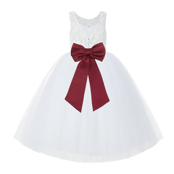 Ekidsbridal Girl Bridal Flower Girl Dress - V-Back White Lace Tutu with Tiebow 212noFT-A (Size: 2-10)