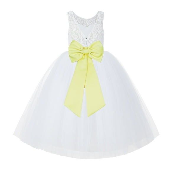 Ekidsbridal Girl Bridal Flower Girl Dress - V-Back White Lace Tutu with Tiebow 212noFT-A (Size: 2-10)