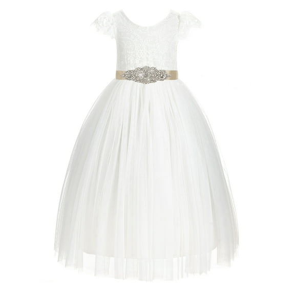 Ekidsbridal Girl Bridesmaid Flower Girl Dress - Cap Sleeves Ivory Backless Lace 622R3-A (Size: 2-10)