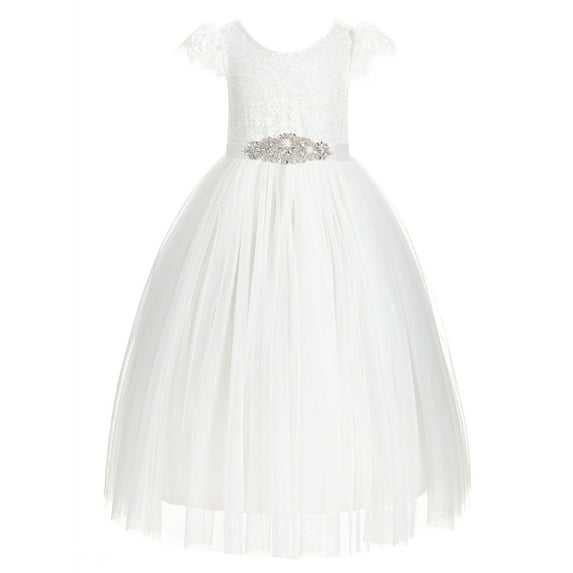 Ekidsbridal Girl Bridesmaid Flower Girl Dress - Cap Sleeves Ivory Backless Lace 622R3-A (Size: 2-10)