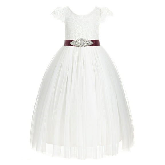 Ekidsbridal Girl Bridesmaid Flower Girl Dress - Cap Sleeves Ivory Backless Lace 622R3-A (Size: 2-10)