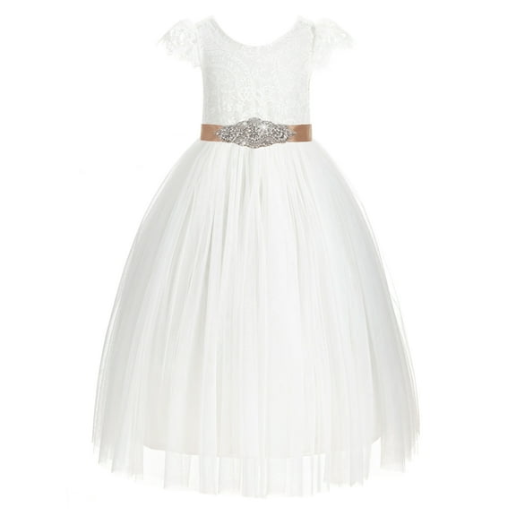 Ekidsbridal Girl Bridesmaid Flower Girl Dress - Cap Sleeves Ivory Backless Lace 622R3-A (Size: 2-10)