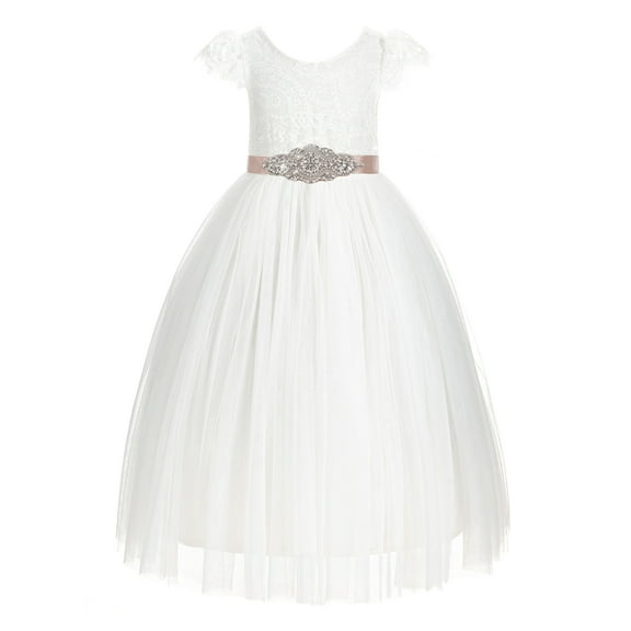 Ekidsbridal Girl Bridesmaid Flower Girl Dress - Cap Sleeves Ivory Backless Lace 622R3-A (Size: 2-10)