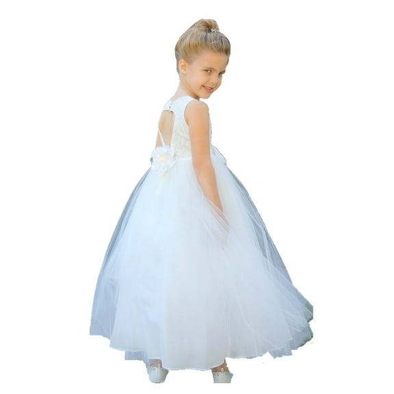 Ekidsbridal Girl Bridesmaid Flower Girl Dress - Floral Lace Heart Shaped Cutout Back with Flower 172F-A (Size: 2-14)