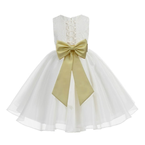 Ekidsbridal Girl Bridesmaid Flower Girl Dress - Ivory Corset Organza with Lace Bodice 186noFT-A (Size: M-10)