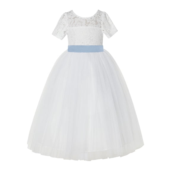 Ekidsbridal Girl Bridesmaid Flower Girl Dress - Ivory Floral Illusion Lace with Floor Length Tulle LG2R-A (Size: 2-12)