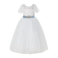 thumbnail image 1 of Ekidsbridal Girl Bridesmaid Flower Girl Dress - Ivory Floral Lace Short Sleeve with Rhinestone Ribbon LG2R3-A (Size: 2-12), 1 of 3