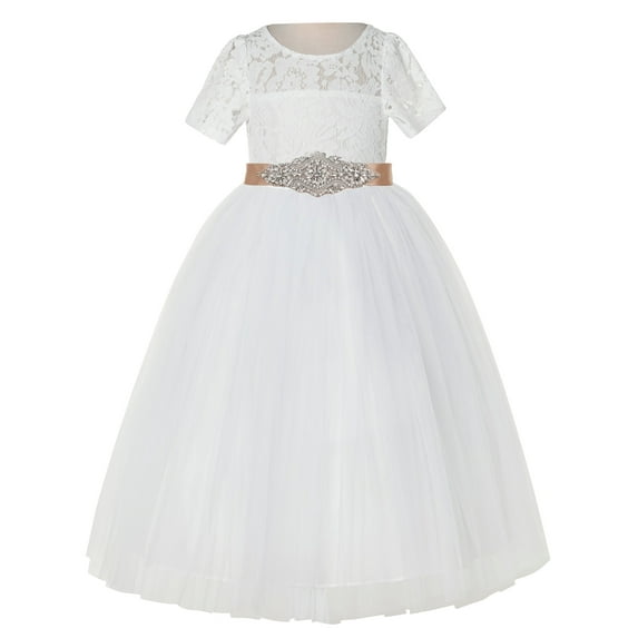 Ekidsbridal Girl Bridesmaid Flower Girl Dress - Ivory Floral Lace Short Sleeve with Rhinestone Ribbon LG2R3-A (Size: 2-12)