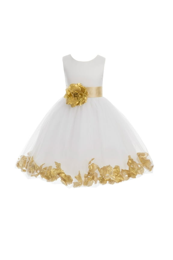 Girl Bridesmaid Flower Girl Dress - Ivory Flower Petals Dress with Bow Sash 302T-A (Size: S-16)