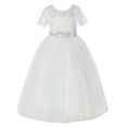 thumbnail image 1 of Ekidsbridal Girl Bridesmaid Flower Girl Dress - Ivory Illusion Lace Tulle Short Sleeves with Rhinestone Sash LG2R7-A (Size: 2-12), 1 of 3