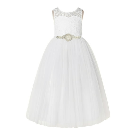 Ekidsbridal Girl Bridesmaid Flower Girl Dress - Ivory Open Back A-Line Lace Tulle with Rhinestone Beaded Sash 178R7-A (Size: 2-12)