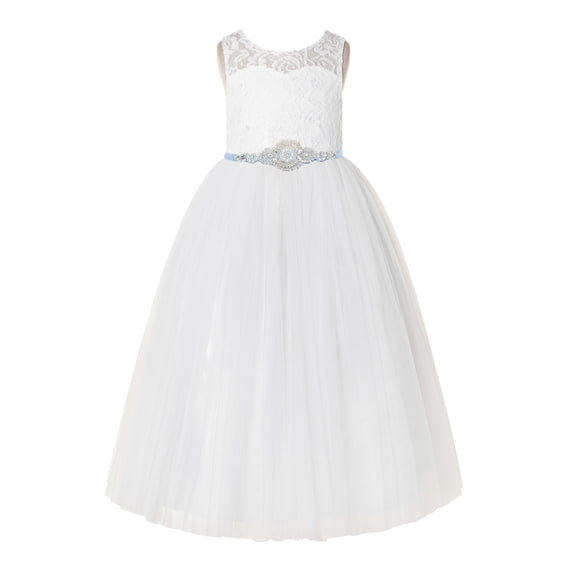 Ekidsbridal Girl Bridesmaid Flower Girl Dress - Ivory Open Back A-Line Lace Tulle with Rhinestone Beaded Sash 178R7-A (Size: 2-12)