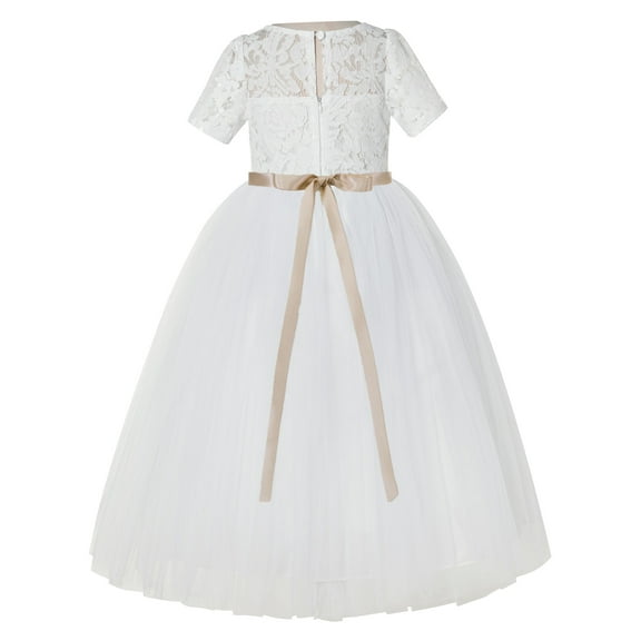 Ekidsbridal Girl Bridesmaid Flower Girl Dress - Ivory Short Sleeves Lace Tulle with Rhinestone Ribbon LG2R2-A (Size: 2-12)