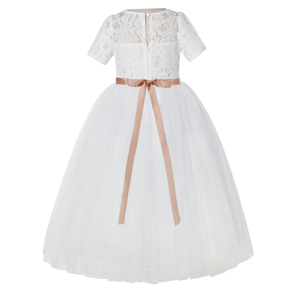 Ekidsbridal Girl Bridesmaid Flower Girl Dress - Ivory Short Sleeves Lace Tulle with Rhinestone Ribbon LG2R2-A (Size: 2-12)