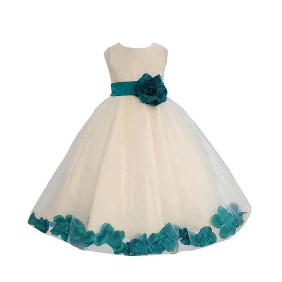 Ekidsbridal Girl Bridesmaid Flower Girl Dress - Ivory Tulle Dress with Flower Petals 302S-A (Size: S-16)