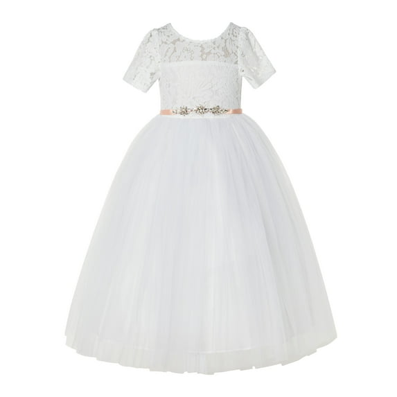 Ekidsbridal Girl Bridesmaid Flower Girl Dress - Ivory Vintage Lace Tulle Short Sleeves with Rhinestone Sash LG2R4-A (Size: 2-12)