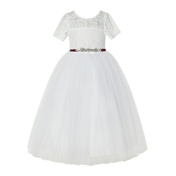 Ekidsbridal Girl Bridesmaid Flower Girl Dress - Ivory Vintage Lace Tulle Short Sleeves with Rhinestone Sash LG2R4-A (Size: 2-12)