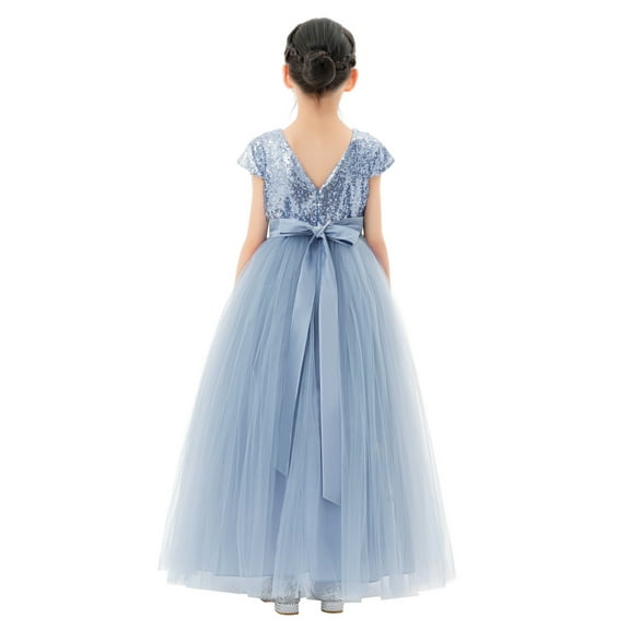 Ekidsbridal Girl Bridesmaid Flower Girl Dress - Sequins V-Back with Cap Sleeves 323-A (Size: 4-12)