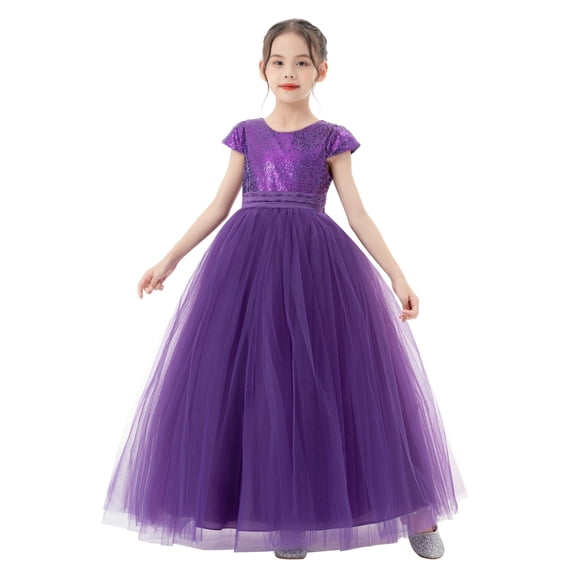 Ekidsbridal Girl Bridesmaid Flower Girl Dress - Sequins V-Back with Cap Sleeves 323-A (Size: 4-12)