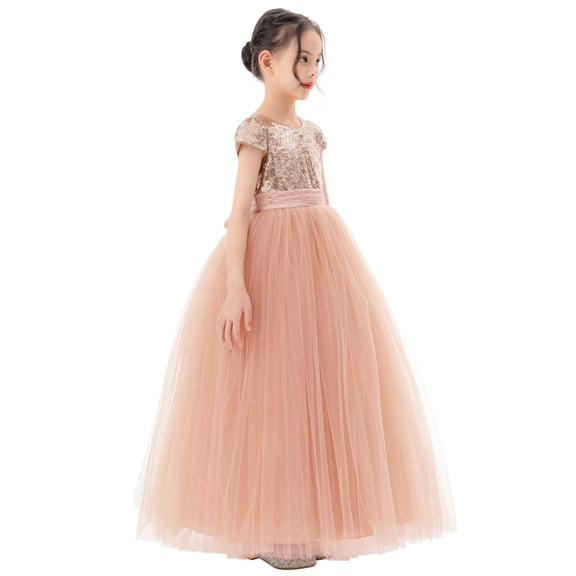 Ekidsbridal Girl Bridesmaid Flower Girl Dress - Sequins V-Back with Cap Sleeves 323-A (Size: 4-12)