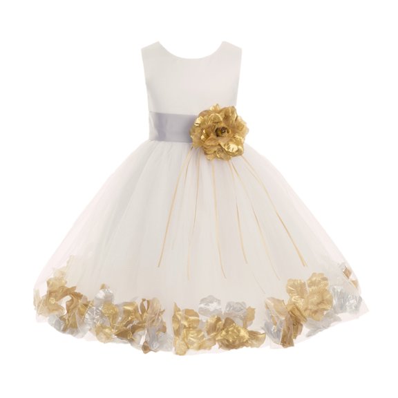 Ekidsbridal Girl Bridesmaid Flower Girl Dress - Ssatin Ivory Tulle Dress with Rose Petals 007-A (Size: S-16)