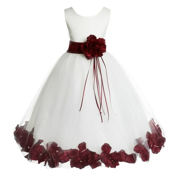 Ekidsbridal Girl Bridesmaid Flower Girl Dress - Ssatin Ivory Tulle Dress with Rose Petals 007-A (Size: S-16)