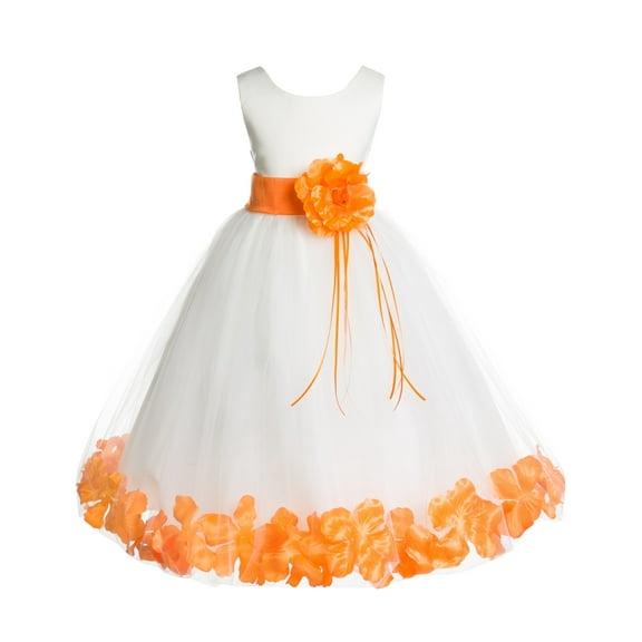 Ekidsbridal Girl Bridesmaid Flower Girl Dress - Ssatin Ivory Tulle Dress with Rose Petals 007-A (Size: S-16)