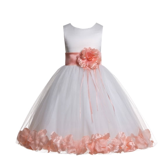 Ekidsbridal Girl Bridesmaid Flower Girl Dress - Ssatin Ivory Tulle Dress with Rose Petals 007-A (Size: S-16)