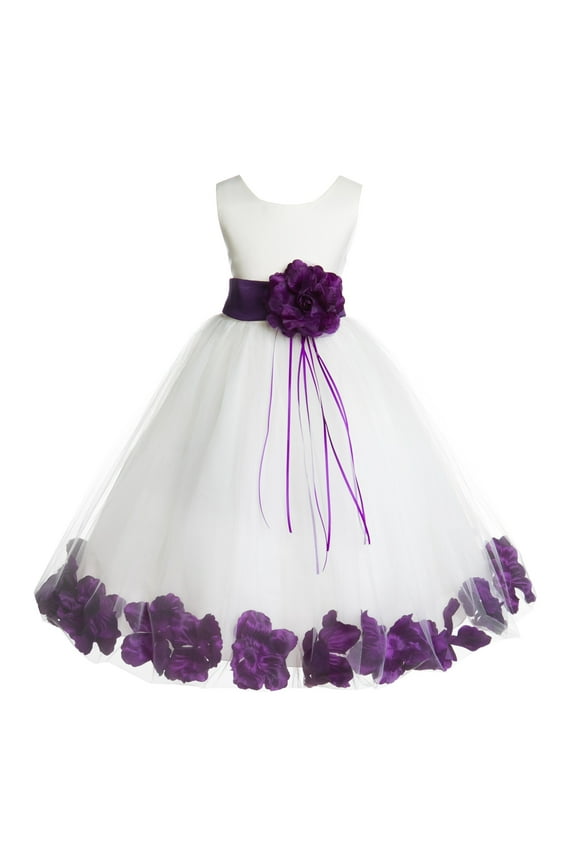 Girl Bridesmaid Flower Girl Dress - Ssatin Ivory Tulle Dress with Rose Petals 007-A (Size: S-16)