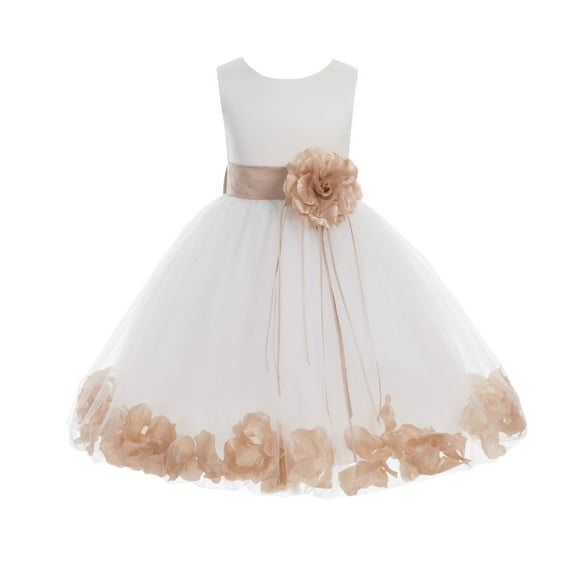 Ekidsbridal Girl Bridesmaid Flower Girl Dress - Ssatin Ivory Tulle Dress with Rose Petals 007-A (Size: S-16)