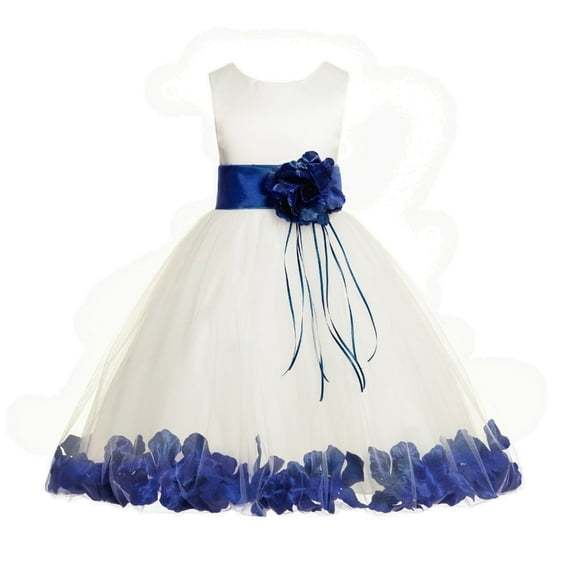 Ekidsbridal Girl Bridesmaid Flower Girl Dress - Ssatin Ivory Tulle Dress with Rose Petals 007-A (Size: S-16)