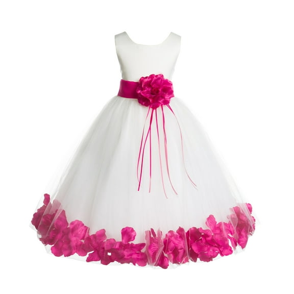 Ekidsbridal Girl Bridesmaid Flower Girl Dress - Ssatin Ivory Tulle Dress with Rose Petals 007-A (Size: S-16)