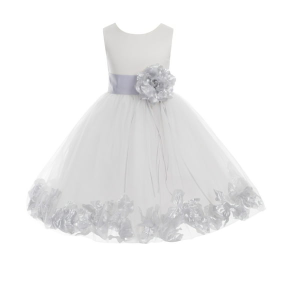 Ekidsbridal Girl Bridesmaid Flower Girl Dress - Ssatin Ivory Tulle Dress with Rose Petals 007-A (Size: S-16)
