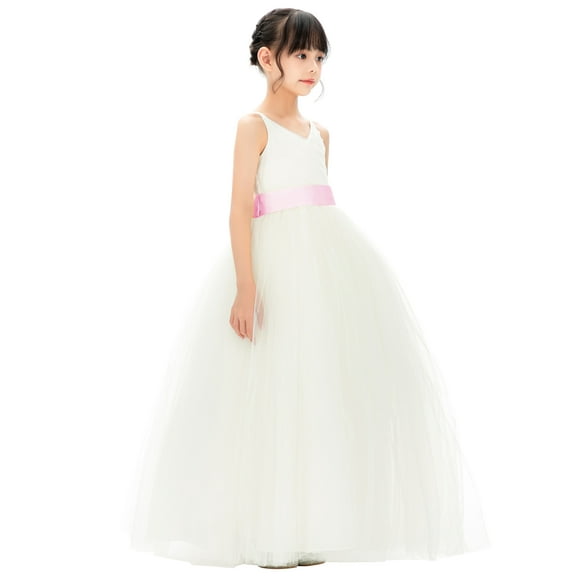 Ekidsbridal Girl Bridesmaid Flower Girl Dress - V-Neck Ivory Tulle Dress with Tiebow 218noFT-A (Size: 2-12)