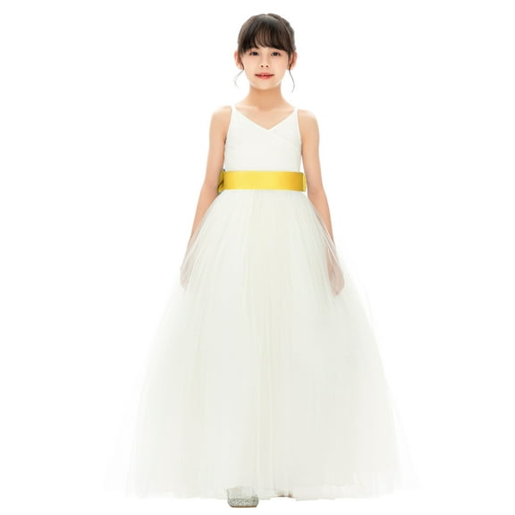 Ekidsbridal Girl Bridesmaid Flower Girl Dress - V-Neck Ivory Tulle Dress with Tiebow 218noFT-A (Size: 2-12)