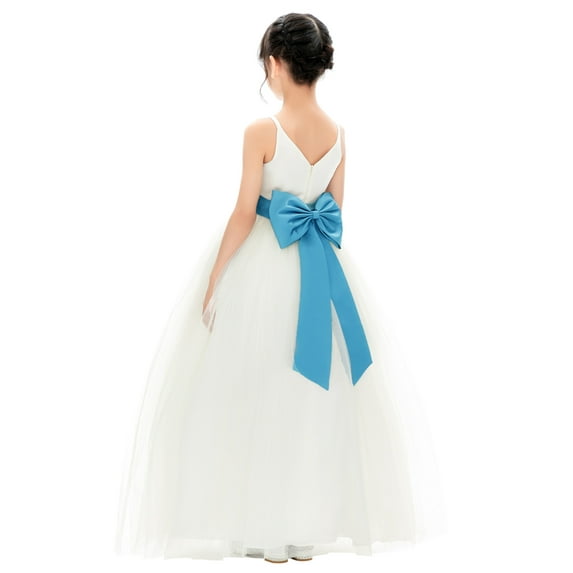Ekidsbridal Girl Bridesmaid Flower Girl Dress - V-Neck Ivory Tulle Dress with Tiebow 218noFT-A (Size: 2-12)
