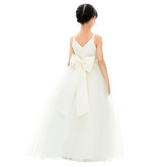 Ekidsbridal Girl Bridesmaid Flower Girl Dress - V-Neck Ivory Tulle Dress with Tiebow 218noFT-A (Size: 2-12)