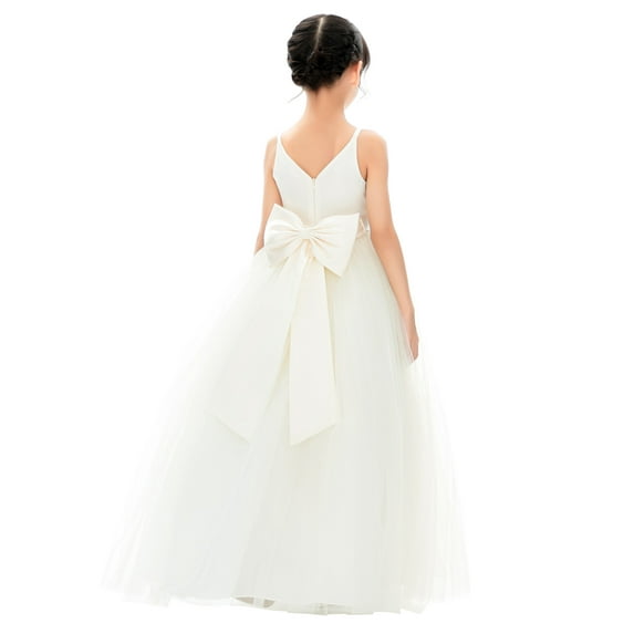 Ekidsbridal Girl Bridesmaid Flower Girl Dress - V-Neck Ivory Tulle Dress with Tiebow 218noFT-A (Size: 2-12)