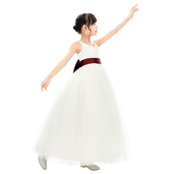 Ekidsbridal Girl Bridesmaid Flower Girl Dress - V-Neck Ivory Tulle Dress with Tiebow 218noFT-A (Size: 2-12)