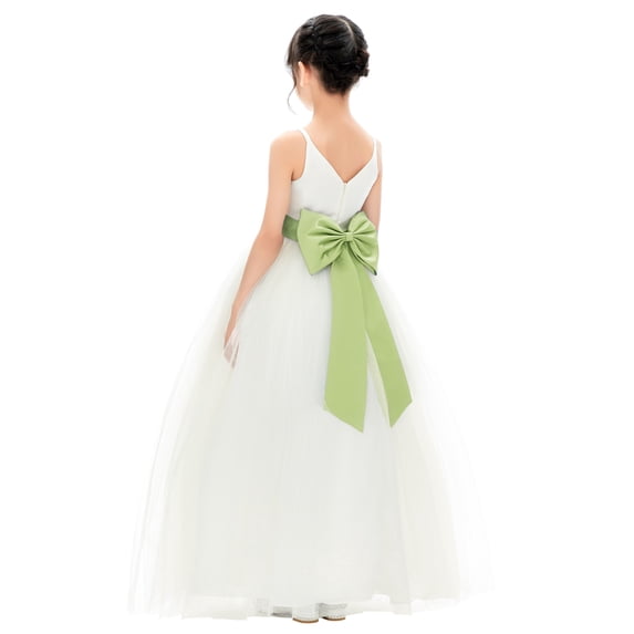 Ekidsbridal Girl Bridesmaid Flower Girl Dress - V-Neck Ivory Tulle Dress with Tiebow 218noFT-A (Size: 2-12)