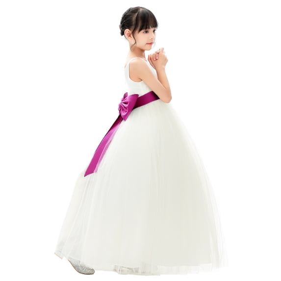 Ekidsbridal Girl Bridesmaid Flower Girl Dress - V-Neck Ivory Tulle Dress with Tiebow 218noFT-A (Size: 2-12)