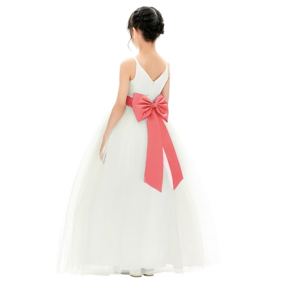 Ekidsbridal Girl Bridesmaid Flower Girl Dress - V-Neck Ivory Tulle Dress with Tiebow 218noFT-A (Size: 2-12)