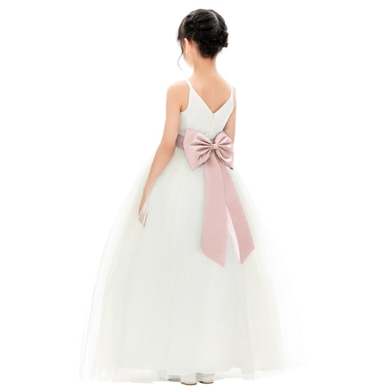 Ekidsbridal Girl Bridesmaid Flower Girl Dress - V-Neck Ivory Tulle Dress with Tiebow 218noFT-A (Size: 2-12)