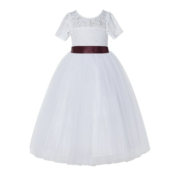 Ekidsbridal Girl Bridesmaid Flower Girl Dress - White Floral Illusion Lace with Floor Length Tulle LG2R-A (Size: 2-12)