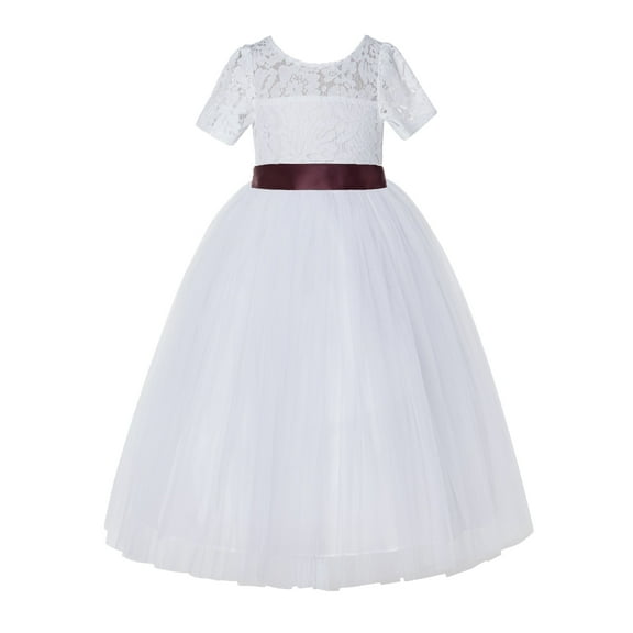 Ekidsbridal Girl Bridesmaid Flower Girl Dress - White Floral Illusion Lace with Floor Length Tulle LG2R-A (Size: 2-12)