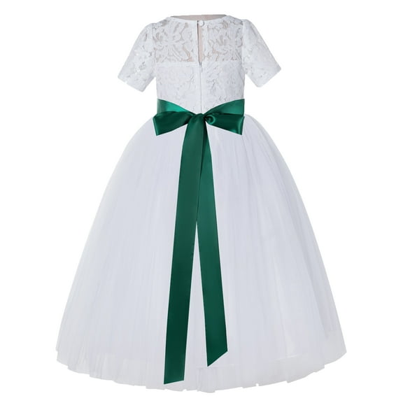 Ekidsbridal Girl Bridesmaid Flower Girl Dress - White Illusion Lace Tulle Short Sleeves with Rhinestone Sash LG2R7-A (Size: 2-12)