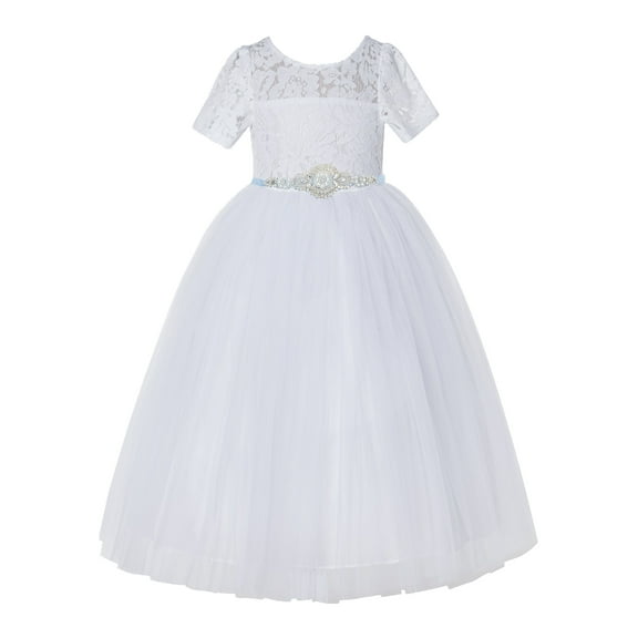 Ekidsbridal Girl Bridesmaid Flower Girl Dress - White Illusion Lace Tulle Short Sleeves with Rhinestone Sash LG2R7-A (Size: 2-12)