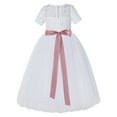 thumbnail image 1 of Ekidsbridal Girl Bridesmaid Flower Girl Dress - White Illusion Lace Tulle Short Sleeves with Rhinestone Sash LG2R7-A (Size: 2-12), 1 of 3